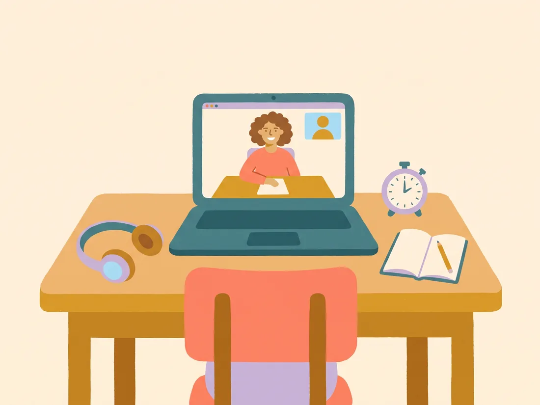 A laptop showing a virtual coworking session beside headphones, a timer, and a notebook, used to finish a certificate.
