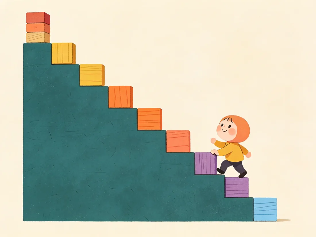 Small figure climbing a staircase of wooden blocks, showing how finishing projects gets easier one tiny step at a time