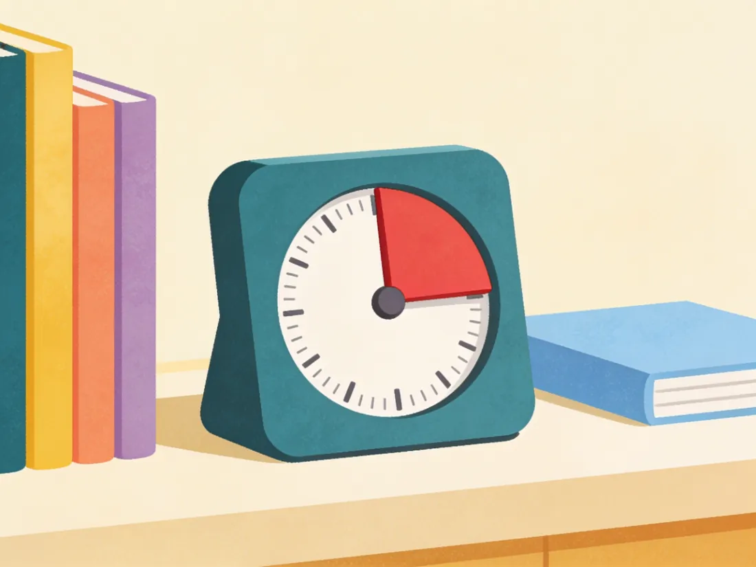 A visual countdown timer on a desk showing a small wedge of time left.