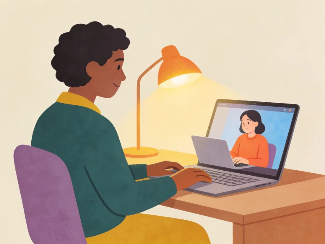 Adult working at a desk while a friend works quietly on a video call, a body doubling approach to how to stop procrastinating