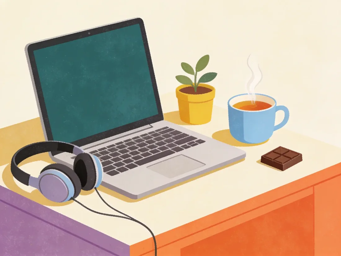 Headphones, tea, a plant and chocolate arranged by a laptop as small rewards, procrastination tips that make boring work easier