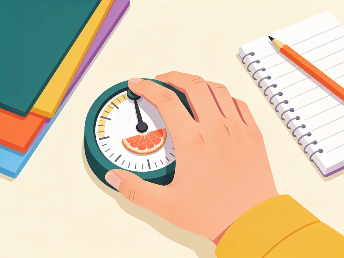 Hand starting a short visual timer next to a notebook, one of the simplest procrastination tips