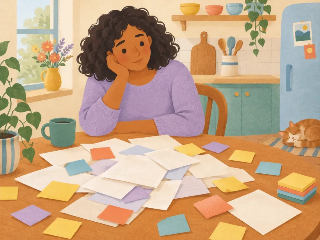 A person at a kitchen table looking at scattered notes and papers, before setting up a kanban board.